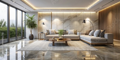 Contemporary living room with minimalist furniture and natural stone floor