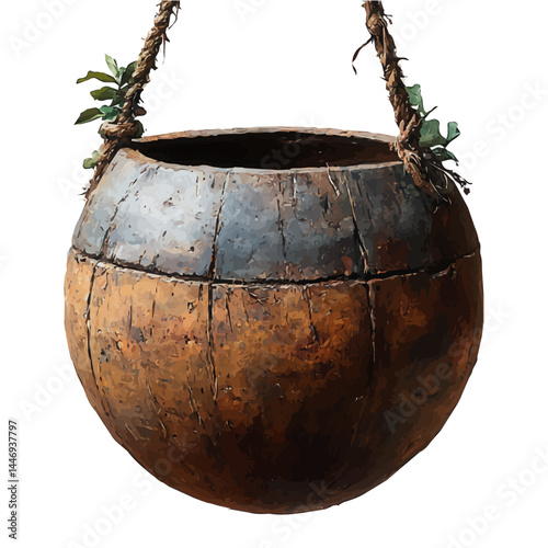 Rustic Hanging Pot Made Of Coconut Shell, vector watercolor illustration, isolated on a white background.