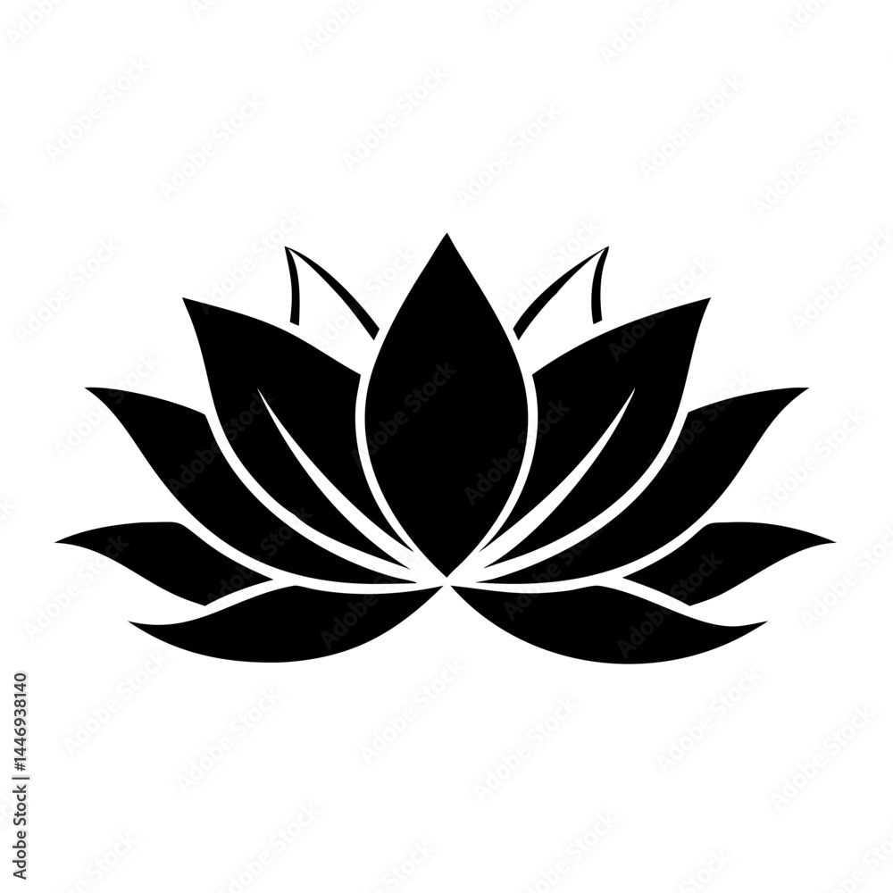 Black and white depiction of a stylized lotus flower arrangement design Black and white depiction of a stylized lotus flower arrangement design
