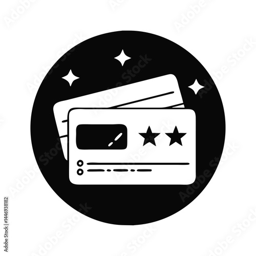 Two credit cards with stars on black circle background sparkling effect