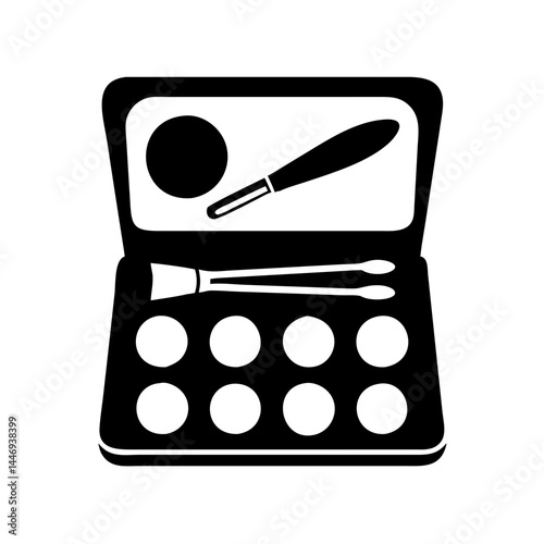 Simplified graphic illustration of a cosmetic palette with shadows and applicators