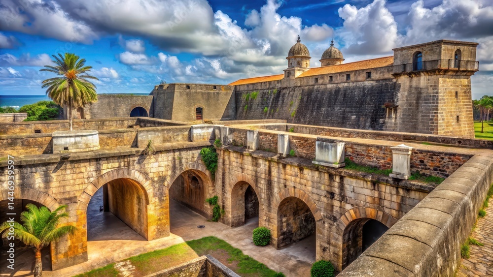 Fototapeta premium Ancient architecture sprawls beneath the Portuguese colonial-era fortifications , portuguese-colonial, fortifications