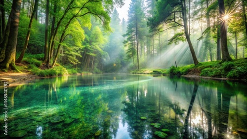 Misty forest glade with crystal-clear pool reflecting verdant canopy above , pool, respite, pool,respite, tranquility