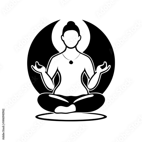 Black and white vector image of meditating person in lotus position