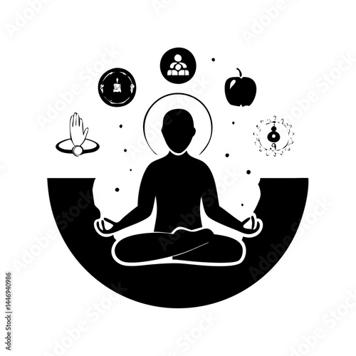 Meditating Figure with Spiritual Symbols in Black and White Illustration