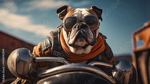 dog is riding a motorcycle wearing a helmet and goggles