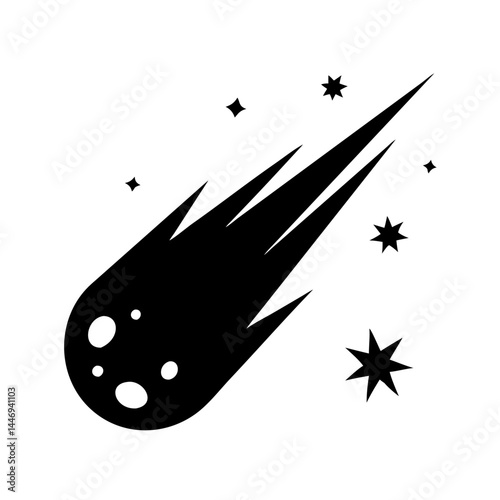 A black and white illustration of a comet with accompanying stars