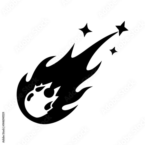 Stylized black and white image of a meteoroid or comet with sparks