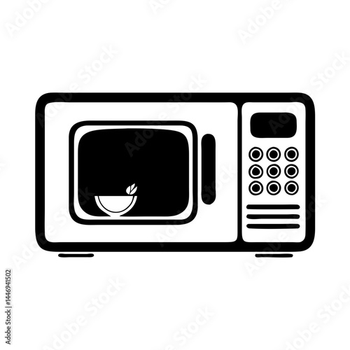 Stylized Black and White Microwave Oven with Bowl and Plant Inside