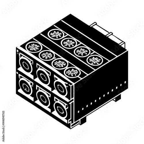 Isometric black and white representation of a server unit with multiple drives