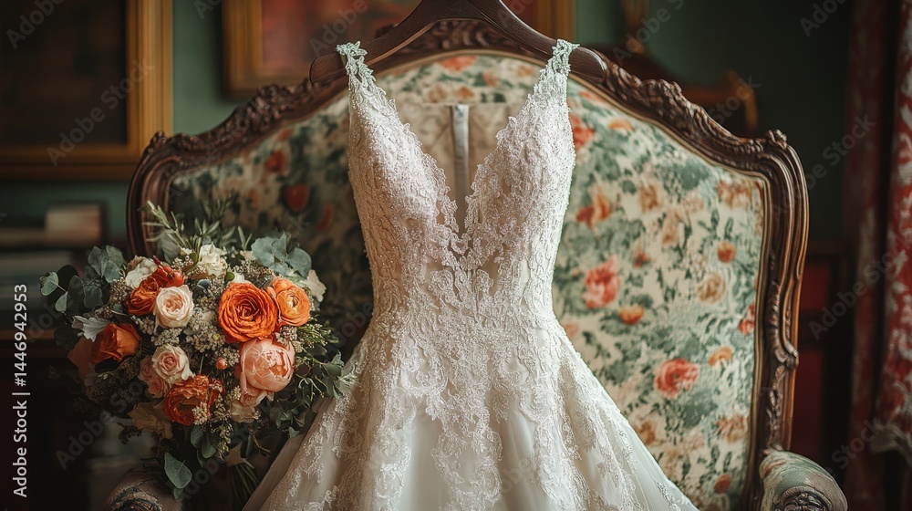 Fototapeta premium Elegant bridal attire with floral bouquet on ornate antique chair backdrop