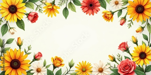 Cheerful summer blossoms like sunflowers, daisies, and roses on a seamless pattern, summer, wild flowers, daisies