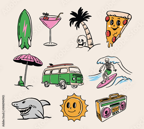 A colorful and fun set of intage summer icons featuring surfboards, skeleton surfers, beach snacks, vehicles, sharks, and boomboxes. Ideal for posters, branding, and merchandise use.