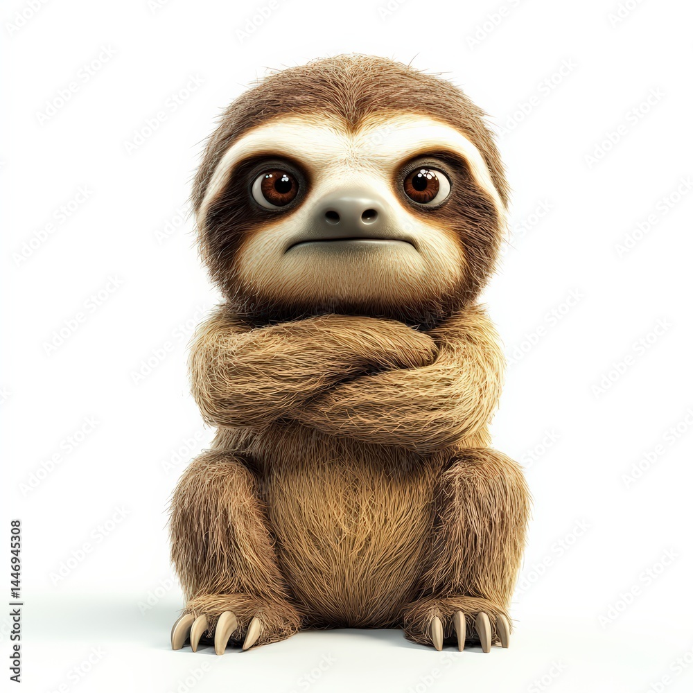 Fototapeta premium Cute Cartoon Sloth with Serious Expression and Folded Arms