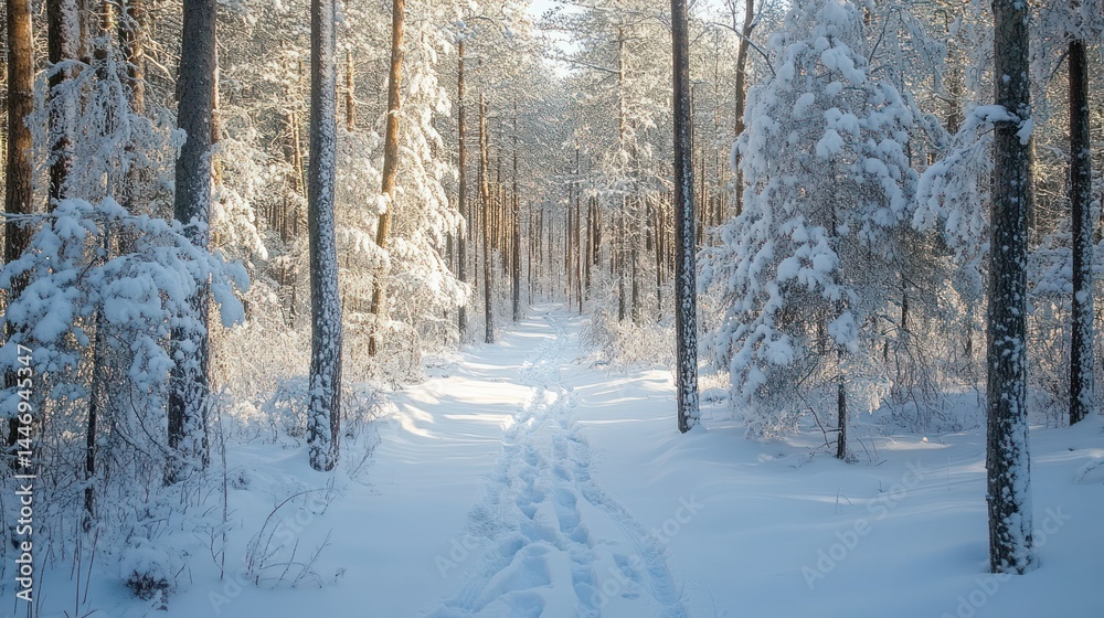 Enchanting winter wonderland scenery with snow covered forest path illuminated Enchanting winter wonderland scenery with snow covered forest path illuminated