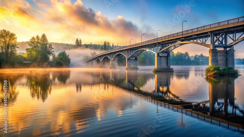 Bridge over Willamette River in Corvallis at sunrise with misty fog rolling in from the river, natural scenery, willamette river waterfront