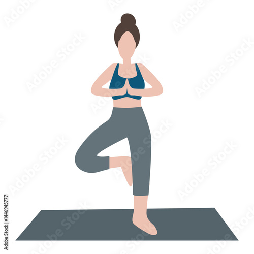 Woman doing yoga in tree pose on transparent background