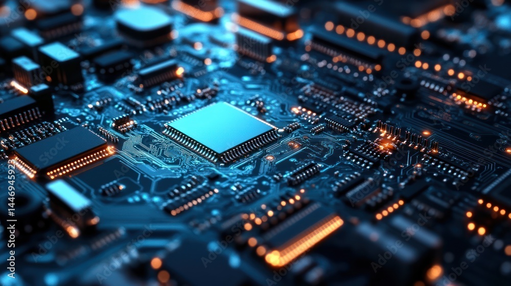 Detailed depiction of a complex computer motherboard with visible circuits and chips Detailed depiction of a complex computer motherboard with visible circuits and chips