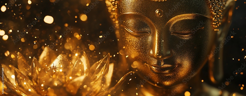 Fototapeta premium Mystical Close-Up of Golden Buddha Face With Lotus and Glittering Light.
