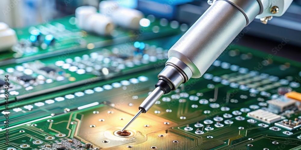 Close-up view of a robot's hand holding a glue syringe as it delicately injects clear adhesive onto a sensitive area of a complex PCB , precision engineering, electronic component Close-up view of a robot's hand holding a glue syringe as it delicately injects clear adhesive onto a sensitive area of a complex PCB , precision engineering, electronic component