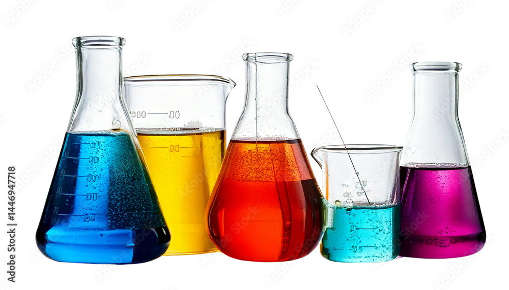 Colorful Chemical Solutions in a Beaker and Flask on a Clean White Background
Colorful Chemical Solutions in a Beaker and Flask on a Clean White Background