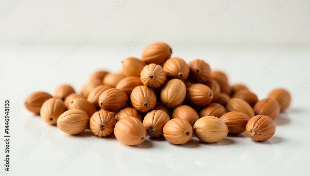 Close-up of a pile of hazelnuts on a clean white surface, white background, organic Close-up of a pile of hazelnuts on a clean white surface, white background, organic