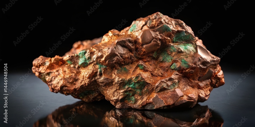 Obraz premium Native copper ore with earthy tones on black background, earthy tones, environment