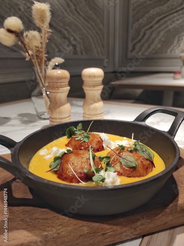 Cutlets in pumpkin sauce with feta cheese and herbs
