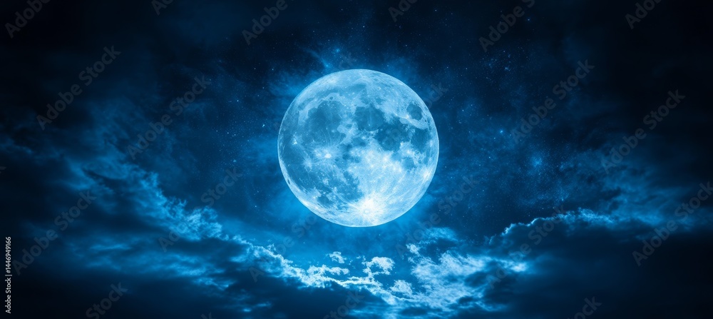Moon on night sky with glowing blue light. Science galaxy astronomy. Generative AI technology.