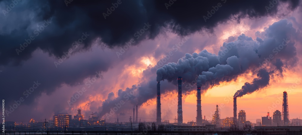 Chimney smoke pollution from industry factory. Climate change environment nature disaster. Generative video AI technology.