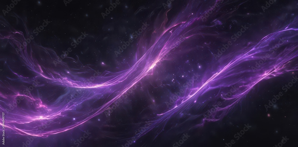 Abstract purple cosmic waves, sparkling stardust in dark space , abstract art, iridescent