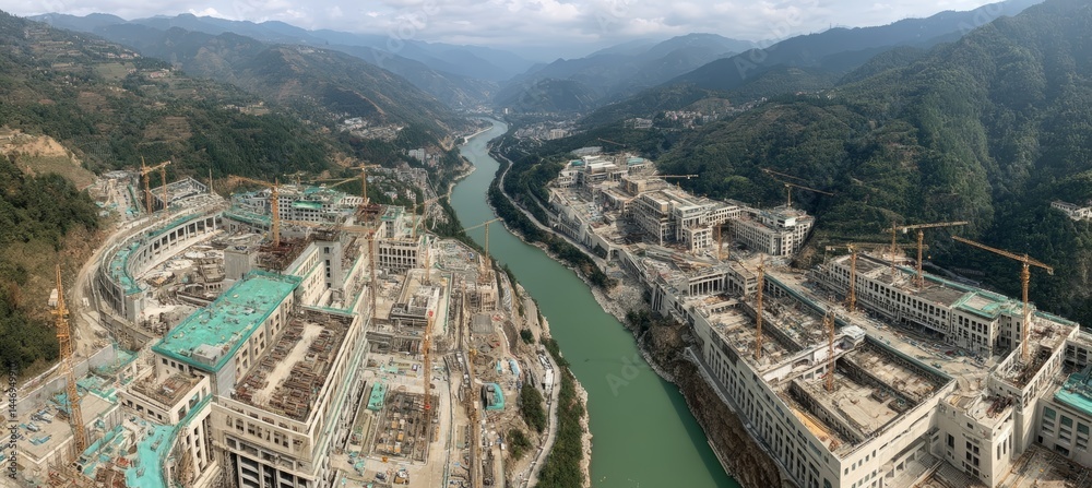 Mega building construction beside the river. Real estate property project. Generative AI technology.
