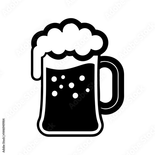 Stylized Black and White Beer Mug with Overflowing Head, Bold Outline