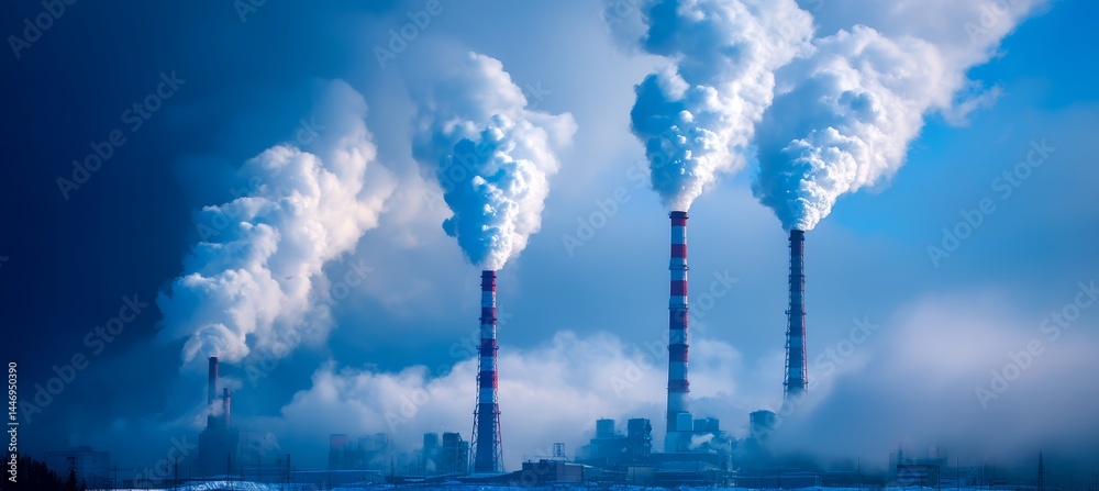 Chimney pollution from factory industry and power plant. Climate change environment nature disaster. Generative AI technology.