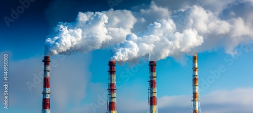 Chimney smoke pollution. Dirty air carbon. Climate change environment nature disaster. Generative AI technology.	

