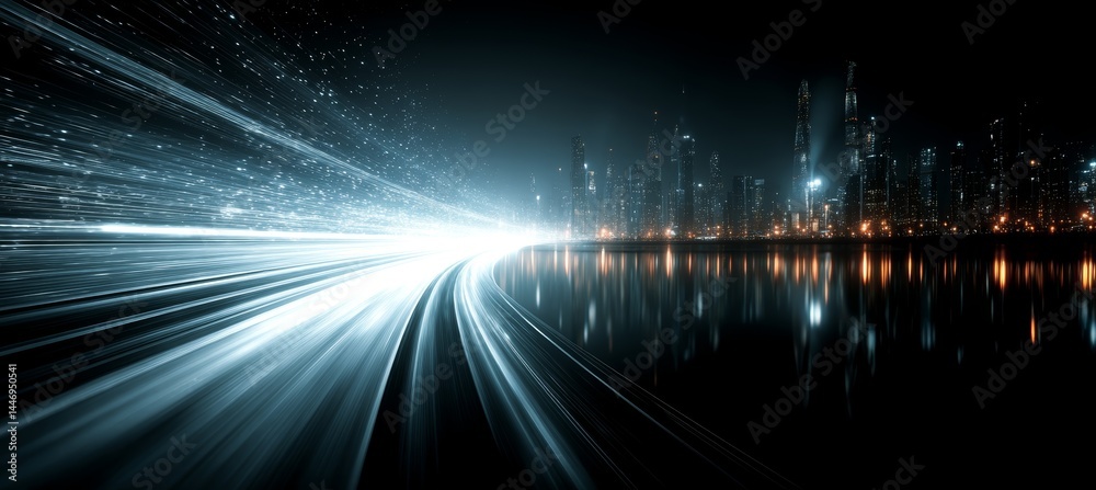 Curve flash light fast speed effect at night city. Generative AI technology.