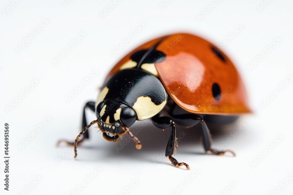 Close-up of a single ladybug on white background, beneficial insect, fauna Close-up of a single ladybug on white background, beneficial insect, fauna