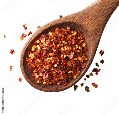 Bright top-down view of red pepper flakes in spicy cooking isolated on transparent background