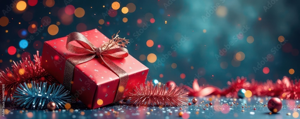 Colorful tinsel & metallic strips create gift wrap explosion , metallic, blue Colorful tinsel & metallic strips create gift wrap explosion , metallic, blue