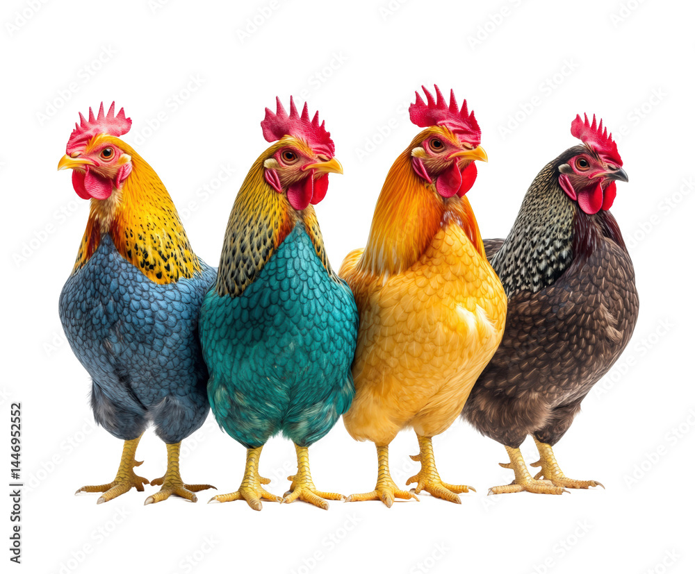 Fototapeta premium Vibrant colorful roosters farmyard animal isolated on transparent background