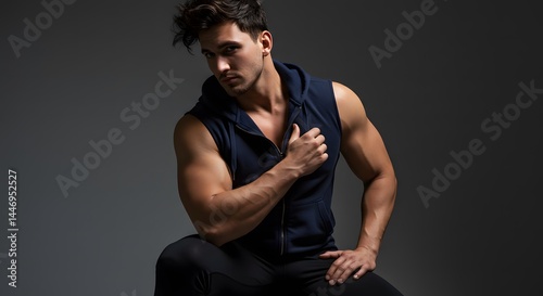 Muscular man wearing sleeveless hoodie and sports tights