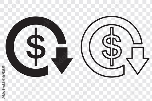 Cost reduction and rise up icon. Dollar increase and reduce arrow sign. Money rotation business symbol. Currency exchange. Vector elements isolated.