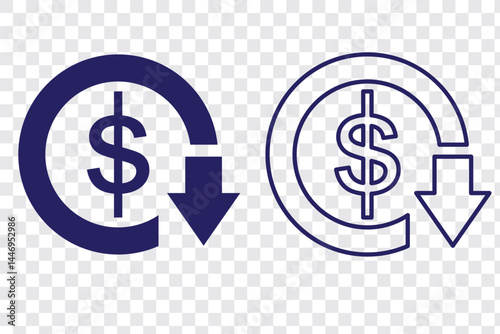Cost reduction and rise up icon. Dollar increase and reduce arrow sign. Money rotation business symbol. Currency exchange. Vector elements isolated.