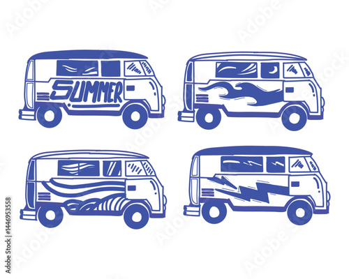 Set of Blue Hand Drawing Summer Beach Van Car Vector Collection