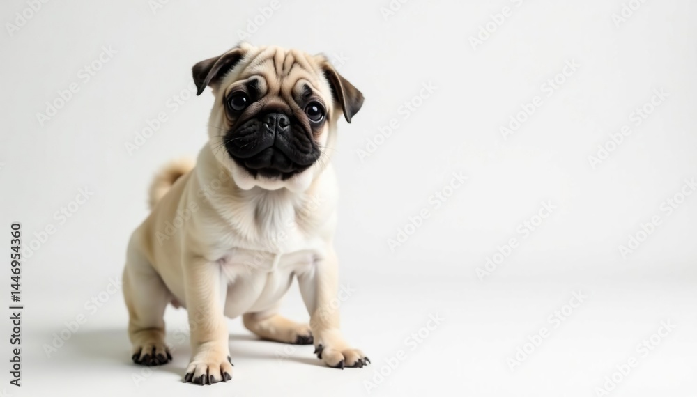 Obraz premium Playful pug puppy poses against white backdrop, sitting, portrait