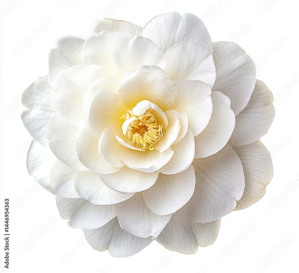 Fototapeta premium Pure white camellia flower, close-up. Soft, delicate petals
