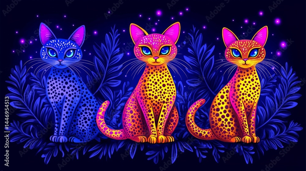 Obraz premium Enigmatic pixelated felines bathed in neon brilliance a trio of mystical cats exhibiting vibrant patterned coats amid a celestial backdrop of night stars