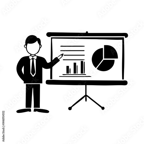 Businessman giving a presentation with charts and graphs on a projector screen