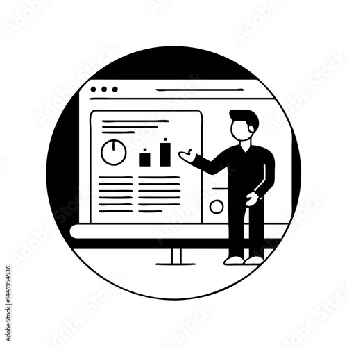 Businessman giving a presentation on a large computer screen showing graphs and charts