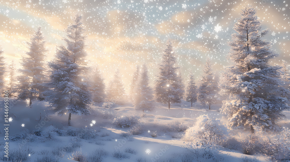 Fototapeta premium Frosty landscape of snow-covered trees with glittering gray snowflakes, calm, snow, serene. [Frozen Time] | Frozen Sparks | cold glint. Illustration